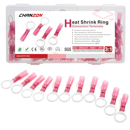 Chanzon 100pcs M10 Heat Shrink Ring Terminal 3/8"UL Recognized 22-16AWG Red