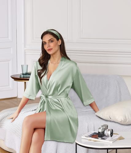 2Pcs Womens Floral Kimono Robe Silk Robes Bride Bridesmaid Satin Robes Bridal Dressing Gown Silky Bathrobe2