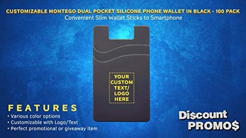 DISCOUNT PROMOS 100 Montego Silicone Phone Wallets Pack - Customizable Text, Logo - Strong Adhesive, Dual Pocket - Black2