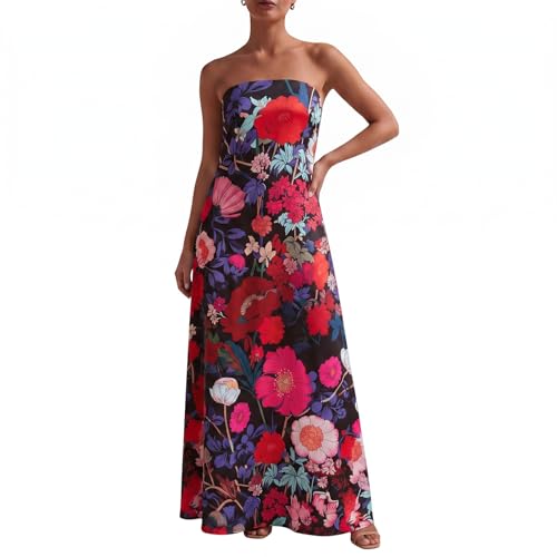 Image of Zwirelz Women Strapless Maxi Dress Boho Floral Print Flowy Long Tube Dress Off Shoulder Loose Beach Sundress