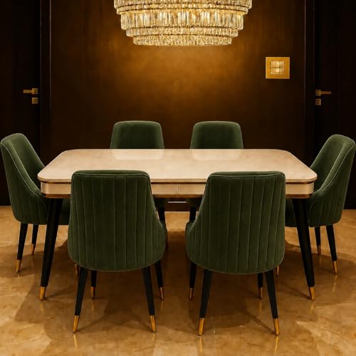 Image of WOODEN SPACE 6-Seater Wooden Dining Table Set | Nano Composite Marble Top | Solid Wood Base | Modern Dining Room Furniture with 6 Chairs (Dark Green Infinity Backline)