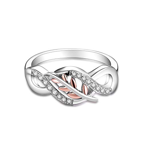 Jo Wisdom 925 Sterling Silver Cubic Zirconia Rose Gold Leaf Infinity Knot Ring Size 8 #TOP1
