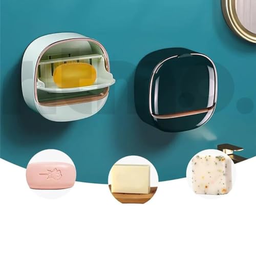 Image of Ritmo Space Saving Wall Mounted Soap Box with Drain and Waterproof Flip Lid (Mint Green)