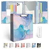 2 Inch 3 Ring Binder Organizer with Clipboard, 5-Tab Pockets Dividers, Transparent Folder, 18 Divider Stikers, BVSSX Decorative Three Ring Binder with Pen Loop, Elastic Strap (Blue Marble,Letter Size)