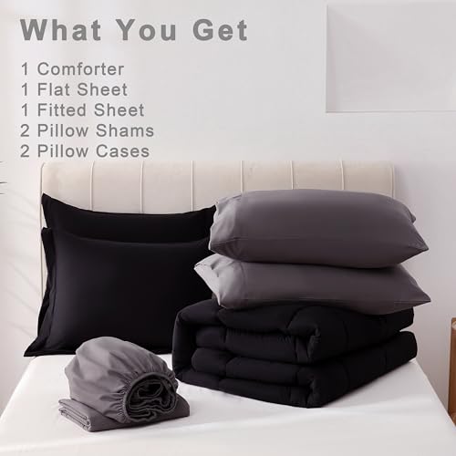 DOWNCOOL King Size Comforter Set, 7Pcs Bedding Comforter Sets Black/Grey, All Season Down Alternative Bedding Comforter Sets with Comforter, Flat Sheet, Fitted Sheet, 2 Pillow Shams & 2 Pillowcases