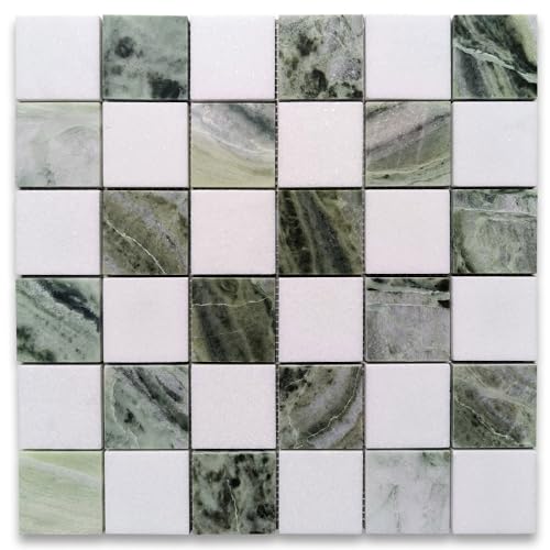 Stone Center Online Sagano Vibrant Green Thassos White Marble 2x2 Checkerboard Mosaic Tile Honed Kitchen Bath Wall Floor Backsplash Shower (1 Sheet)