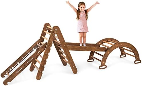 GOODEVAS Montessori Climbing Set 4 in 1 for Kids - Wooden Pikler Triangle Arch Board & Slide Climbing Toys for Toddlers 1-3 - Climbing Indoor Playground Toddlers Jungle Gym