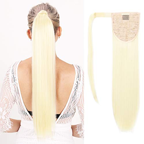 SEIKEA Wrap Around Ponytail Straight Hair Extension Clip in 28 Inch Synthetic Hairpiece - Bleach Blonde