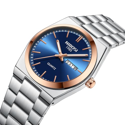 Image of NIBOSI Watch For Men Business Men Analogue Watches Ultra-Thin Waterproof Quartz Military Wrist Watches With Stainless Steel Band, Dial-Color:Blue, Band Color:Silver