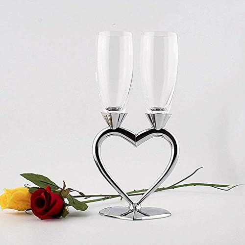 NUPTIO Silver Creative Heart Set Champagne Flutes - Wedding Glasses for Bride & Groom - Toasting Cups Gift Sets for Couples - Engagement, Wedding, Anniversary, House Warming, Hostess Gift