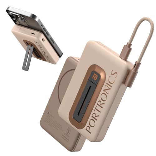 Portronics Revvo 15W Magsafe Wireless Powerbank 10000mAh Fast Charging Powerbank,Detachable Type C Cable,Mobile Stand,Type C Input/Output PD Port,iPhone 12 & Above,Android & Qi Enabled Devices(Mocha)