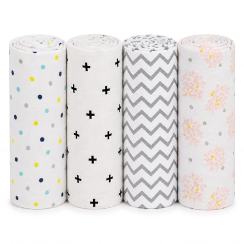 Image of Pure Cotton Muslin Baby Swaddle Blanket for Newborn Baby - Super Soft Wrapper Cloth & Gentle on Baby Skin (120 x 120 CM) - Pack of 4 | Grey DOT & Leaf DOT & BLACKPLUS & Grey Zigzag