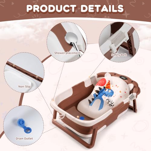Image of Collapsible Bathtub,Bath Tub with Thermometer & Soft Floating Cushion,Portable Travel Tub (Bear Brown)