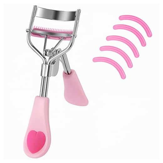 MERVK Stainless Steel Eyelash Curler with Built-in Comb Pinch Pain-Free Suitable for Any Eye Shapes and Sizes, with 5 Silicone Refill Pads (Light Pink)