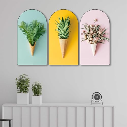 Image of SAF Colorful Flower in Ice Cream Cone Wall Art 3 Panel Set | Modern Abstract Floral Painting on MDF | Fun & Quirky Wall Hanging for Living Room Bedroom Office Cafe Decor (30 x 50 Inch) RPNL-78