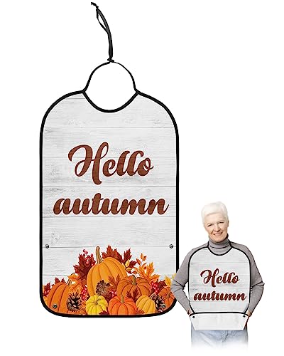 LEOKOTI Happy Autumn Adult Bibs for Eating, Waterproof Bibs with Food Catcher & Adjustable Snap Closure, Thanksgiving Pumpkin Leaves Wood Washable Clothing Protectors Adult Bibs for Elderly Women/Men