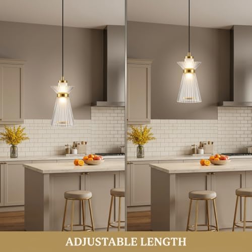 Image of Pendant Light 3-Color CCT (Warm + Natural + Cold White) Ribbed Acrylic Gold Metal Hanging Light for Bedroom Living Room Dining