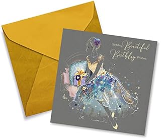 Cherry Orchard Female Open Birthday Card - Sending Beautiful Birthday Wishes - Artistic Lady In Sparkly Blue Dress Holding Gifts - Flitter & Gold Foil Finish - For Her