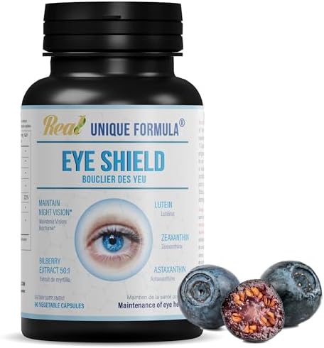 Unique Formula Eye Shield Supplement, Made in Canada with Bilberry extract, Lutein, Zeaxanthin, Astaxanthin, and Beta Carotene, Supports Dry Eyes, Vision Health, and Night Vision, 90 Veg Capsules