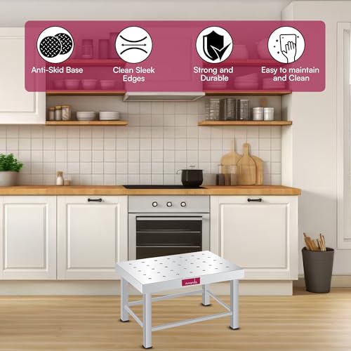 Image of Amanda Stainless Steel Kitchen Patla /Bathroom Stool (13.5 x 9 x 7 Inch) | Heavy-Duty Anti-Slip Steel Table | Rust-Proof, Durable & Multipurpose for Kitchen, Bathroom & Outdoor Use