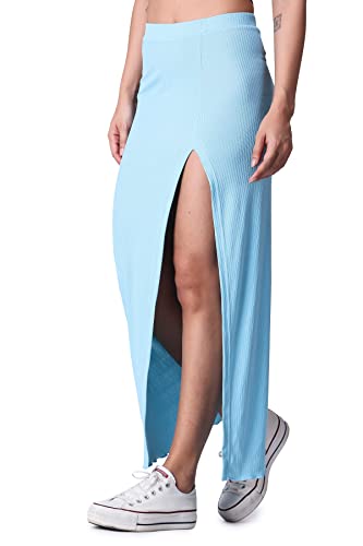 Image of POPWINGS Casual Solid Self Design Rib Long Slit Skirt for Women - Stylish Summer Skirt