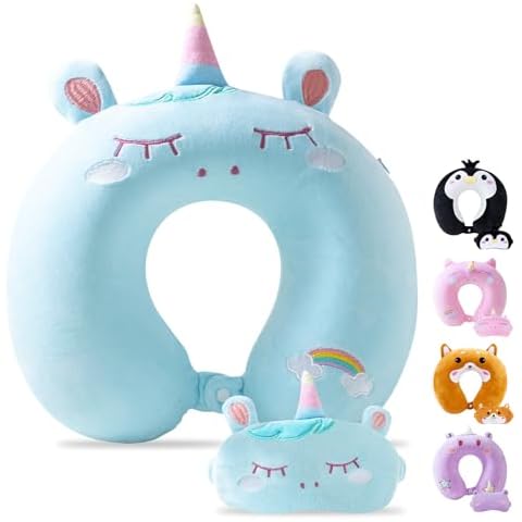 Cirorld Travel Pillow for Kids Adult Cute Neck Pillow for Traveling Memory Foam Airplane Pillow Sleep Mask Animal Flight Pillow Head Rest Neck Support for Cars Long Flights (Blue, 3-8 Y/O) Cover
