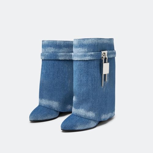Image of keleimusi Fold Over Wedge Boots Heeled PadLock Pant Knee High Shoes Tall /Short Booties in Black
