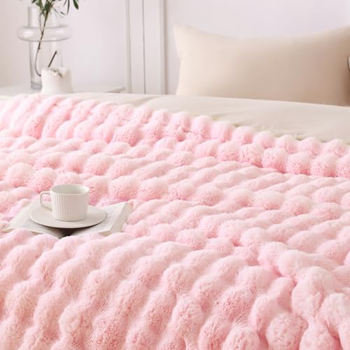 COOVA Faux Fur Throw Blanket for Couch, Cozy Soft and Fuzzy Plush Rabbit Fur Bubble Blanket for Sofa Bedroom Living Room - Image 4