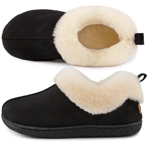 HomeTop Women's Closed-back Slippers Faux Wool Warm Non-slip Outdoor Indoor House Shoes with Fuzzy Collar Timeless Black, 9-10 US