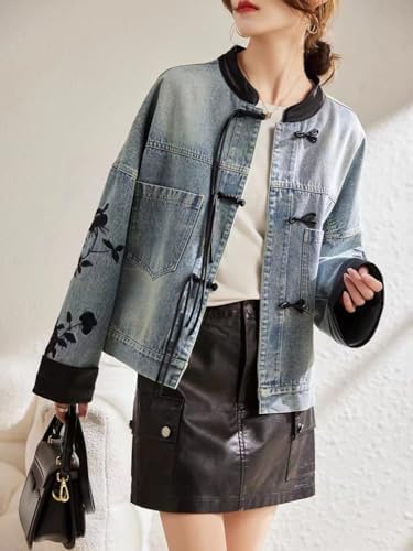 【豪華刺繡】デニムジャケット　風船ボタン　切替　レトロ古着　レディースXL相当 レディース 古着 Studio Works 花 ボタニカル チェーンステッチ