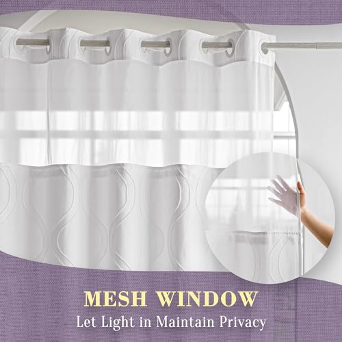 Image of No Hook Geometric Tufted Fabric Shower Curtain with Snap in Liner - 71 inch W x 74 inch H, Hotel Style, Top Sheer Window, Water Repellent Shower Curtain for Bathroom, White
