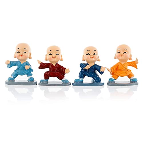 Image of AUGEN Polyresin Set of 4 Buddha Monks Statues Figurines Showpiece for Wall Shelf Table Desktop Living Room Car Dashboard Decoration Home Office Decor (Multicolour)(7698G)