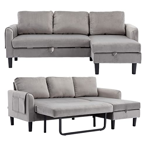 Akrenar Reversible Sectional Sofa With Storage, Modern Velvet Fabric Sleeper Sofa L-Shaped Couch, Sectional Couches For Living Room, Bedroom, Apartment,Office(Gray) #TOP11