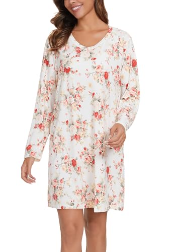 Image of Kabento 2 Pack Long Sleeve Nightgowns for Women Soft Cotton Night Gowns Sleepwear V Neck Nightshirts