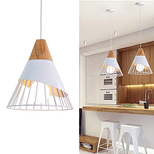 Lustre Moderne Simple, 25CM Suspension Luminaire Créatif Forme de Cône Cage Vintage Lampe E27 Fer et Bois Plafonnier Abat-jour Métal Chambre Salle à Manger Cuisine Salon Couloir(Blanc)