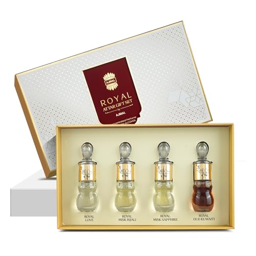 Image of Ajmal Royal Series Attar Perfume Gift Set(4X5ml) | Non-Alcoholic Roll-On Perfume Oils | Ittar Perfume for Men & Women with Woody, Musky, Floral, Oud Fragrance | Versatile Office /Work Unisex Cologne