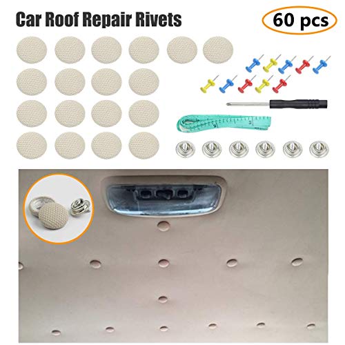 EZYKOO 60 pcs Car Roof Headliner Repair Button, Auto Roof Snap Rivets Retainer Design for Car Roof Flannelette Fixed, with Installation Tool and Fit Most Cars(Grey Beige Grid)