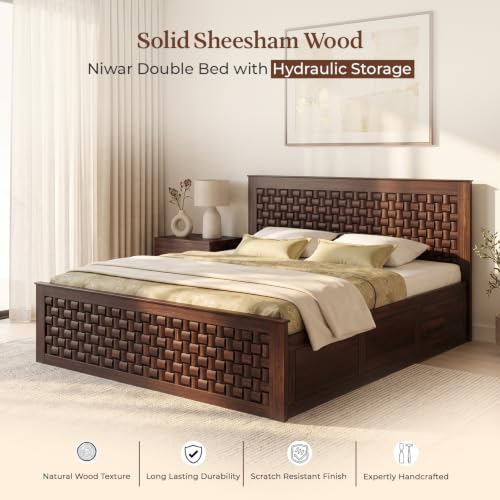 Image of WOODLAB Furniture Solid Sheesham Wood Niwar King Size Bed with Hydraulic Storage Wooden Double Bed Furniture Palang for Bedroom Living Room Home (Walnut Finish)