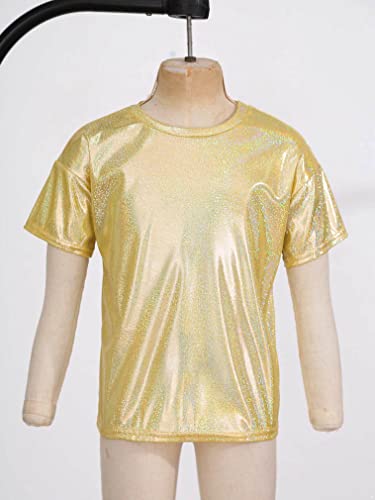 Feeshow Kids Girls Sparkly Metallic Shiny T-Shirt Boys Short Sleeves Loose T-Shirt For Dance Performance Costume Gold 11-12 Years #TOP4
