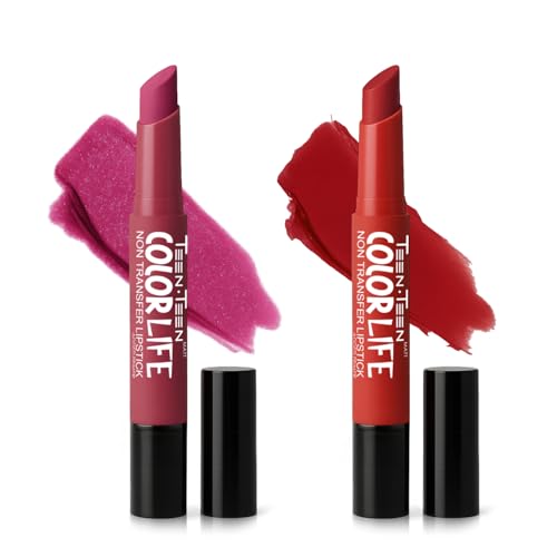 Image of TEEN TEEN Color Life Nontransfer Crayon Lipstick |Matte Finish with Built-in Primer |Waterproof & Long Lasting Lip Color |Smudge-Proof, Fade-Resistant Formula |Combo Color (Pink Berry, Coral Red)