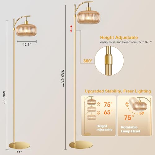 Image of Glass Floor Lamp for Living Room, Bedroom, Gold Tall Lamp with Amber Shape