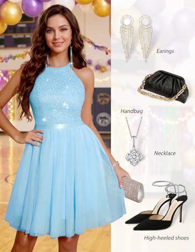 Image of Dressystar Women's Sequin Short Prom Dress Sparkly Halter Tulle Cocktail Party Homecoming Dresses