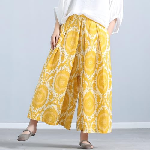 chouyatou Women's Loose Floral Printed Cotton Crop Pants Elastic Waist Wide Leg Palazzo Trousers4