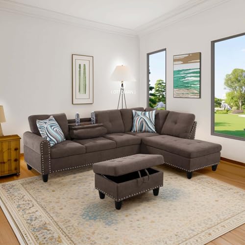 Image of L-Shaped 3-Piece Breathable Fabric Sofa with Ottoman, Sectional Couch Set for Living Room, Office, Apartment, with Cup Holder, Brown