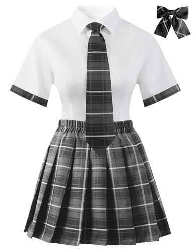 MZRFYTZ Women School Girl Outfits Set School Girl Costume Top With Mini Pleated Skirt (Dark gray M)