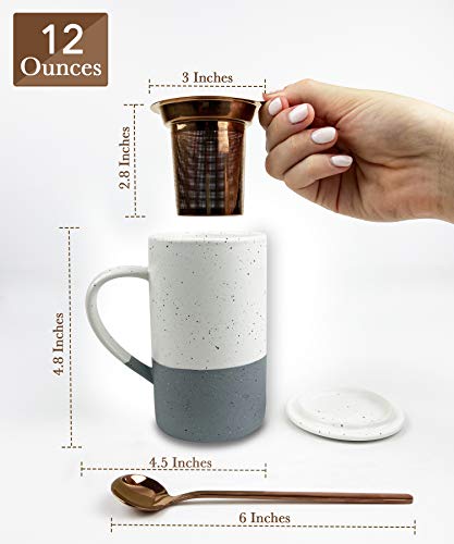 Mora Ceramics Tea Mug with Loose Leaf Infuser, Spoon and Lid, 12 oz, Microwave and Dishwasher Safe Coffee Cup - Rustic Matte Ceramic Glaze, Modern Herbal Tea Strainer - Great Gift for Women, Flint