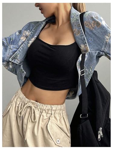 WDIRARA Women's Floral Print Open Front Cropped Denim Jacket Y2k Long Sleeve Jean Coat4