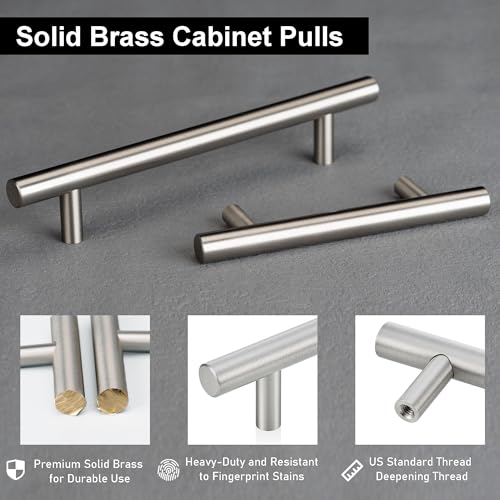 QOGRISUN 4-Pack Solid Brass Cabinet Pulls, 3-3/4 Inch Hole Center Brushed Nickel T-Bar Drawer Handles, Heavy Duty Hardware for Kitchen Cupboards, Dressers & Bathroom Vanities by QOGRISUN - Image 2