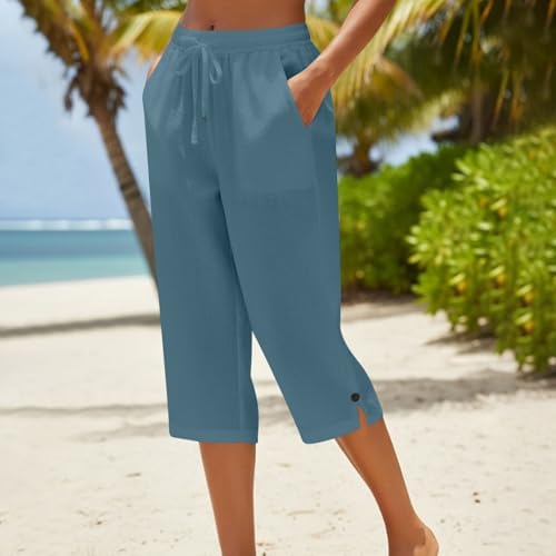 Capris Pants for Women Casual Summer Beach Capris Drawstring Wide Leg Cotton Pj Bottoms Pull On Lounge Capri Pants - 1
