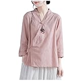 DAYKET Blusas de Manga Larga para Mujer, Traje Tradicional Chino Tang, Camisa Holgada Hanfu, Ropa de té Zen, Blusas Elegantes,Pink-XL